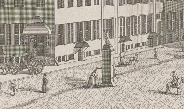 Kobberstik der viser Gammel Torv fra 1550-1795 og en kvinde, der henter vand fra en vandpumpe.